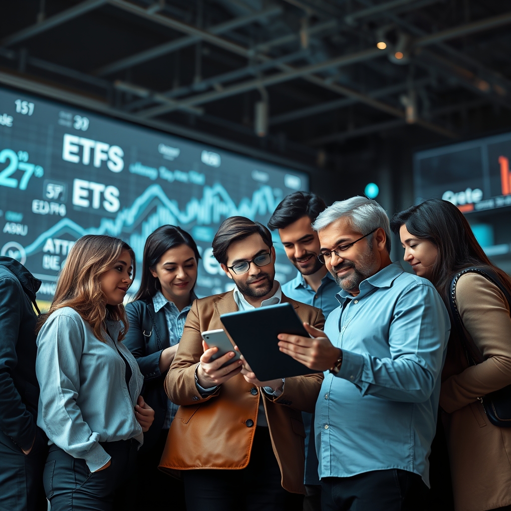 An illustration depicting a diverse group of retail investors analyzing financial charts and graphs on a digital tablet, with symbols representing ETFs and technology companies in the background.