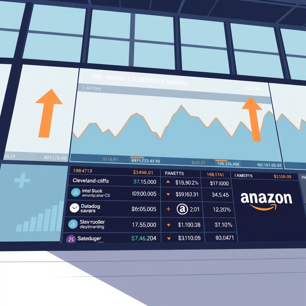 A digital stock market screener displaying premarket movers with highlighted stocks including Cleveland-Cliffs, Intel, Datadog, and Amazon, featuring upward and downward arrows indicating price changes.