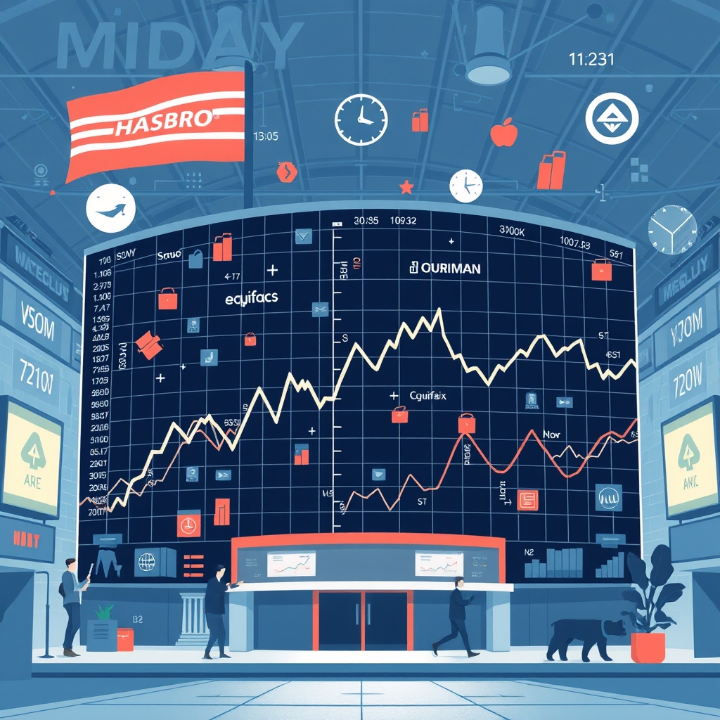 A diverse group of stock market symbols and graphs representing significant midday stock movements, including upward and downward trends, with a focus on companies like Hasbro, Northrop Grumman, Equifax, and General Motors.